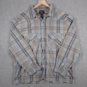 Smiths Workwear Mens Size 2XL Blue Tan Plaid Pearl Snap Cowboy Rancher Shirt